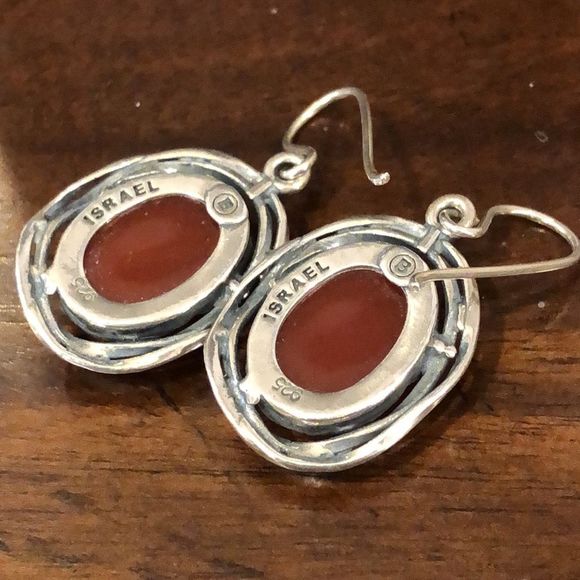 SHABLOOL DIDAE Carnelian Cabochon Nested In Sterling Silver Drop Earrings - Picture 4 of 7